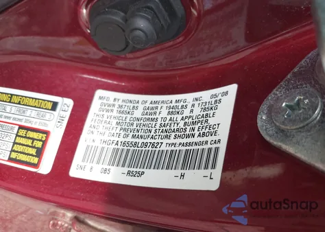 2008 Honda Civic Lx from USA, damaged, VIN 1HGFA16558L097627